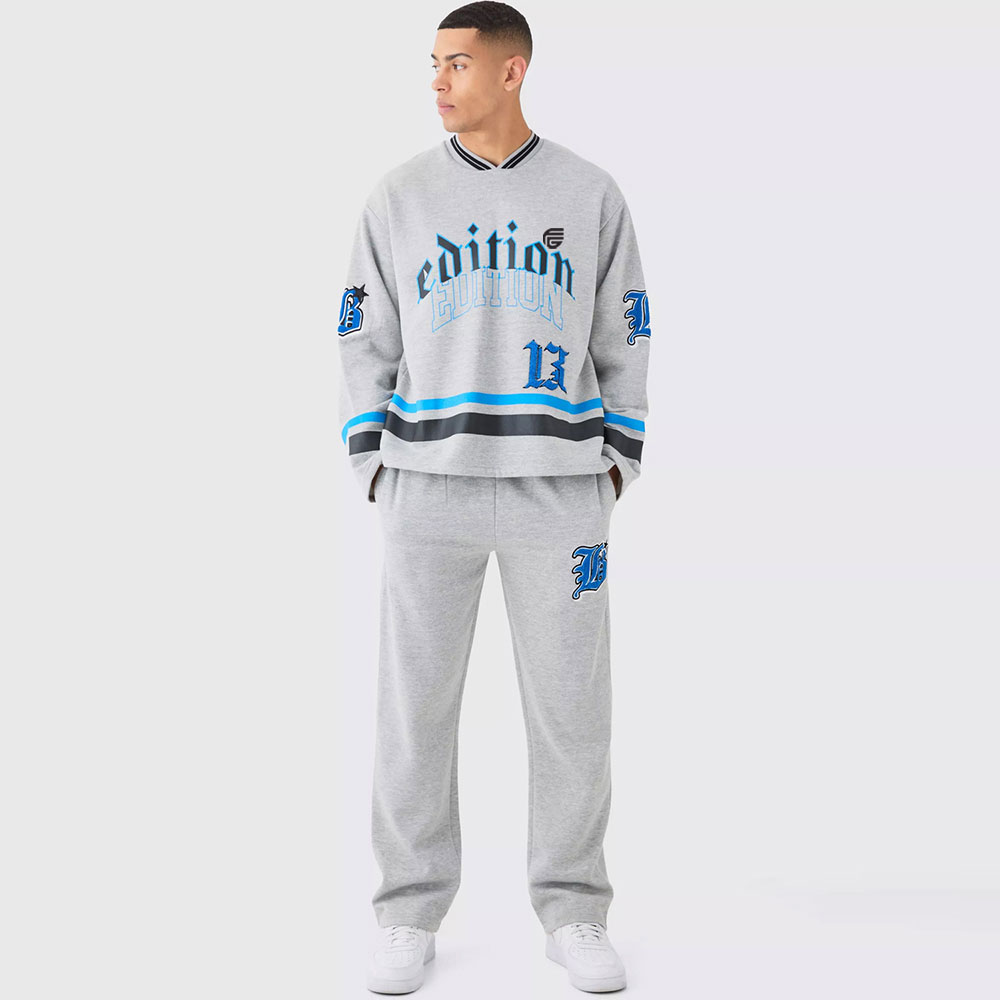 Oversized Varsity Applique V Neck Sweatshirt Tracksuit